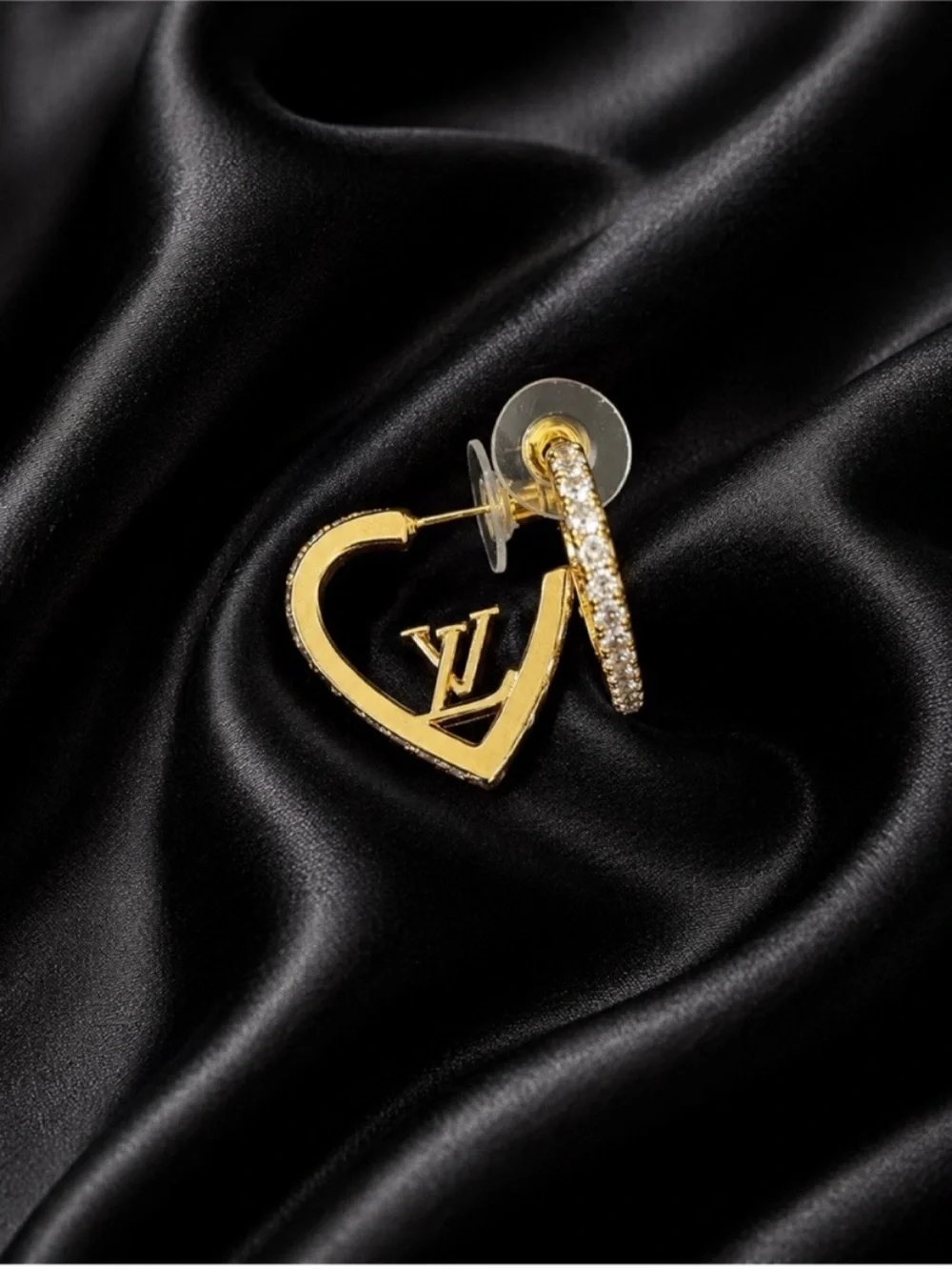Gold Crystal Heart Hoop Earrings with Monogram Flower